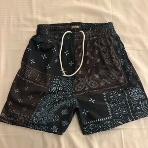 Men's Black Athletic Shorts with Light Blue Bandana Print